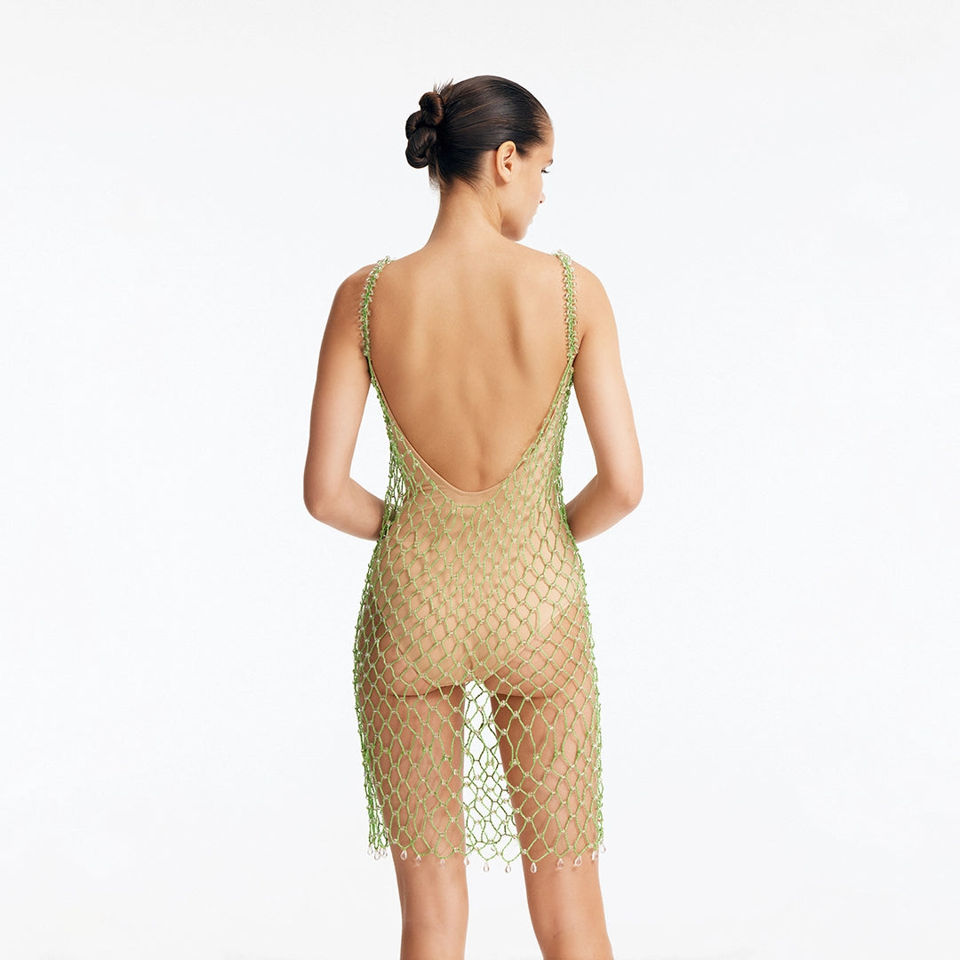 Flora Green Scoop-Neck Swimsuit with Beaded Macrame Overlay | Moeva | Swimsuit | Each week unveils new pieces—luxury swimwear, fluid resort silhouettes, and elevated summer-to-evening essentials designed to carry you from coastal escapes to city nights.