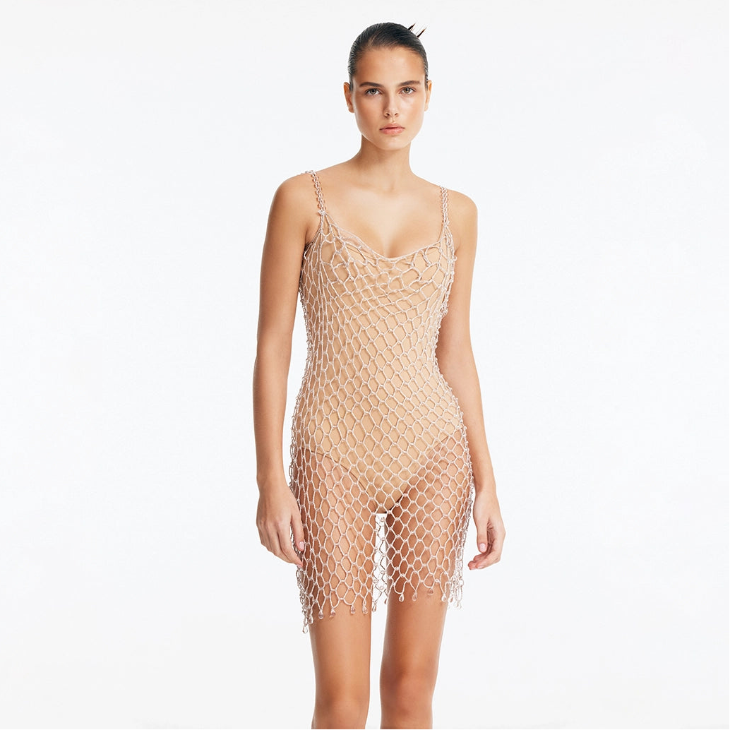 Flora Silver Scoop-Neck Swimsuit with Beaded Macrame Overlay | Moeva | Swimsuit | Each week unveils new pieces—luxury swimwear, fluid resort silhouettes, and elevated summer-to-evening essentials designed to carry you from coastal escapes to city nights.