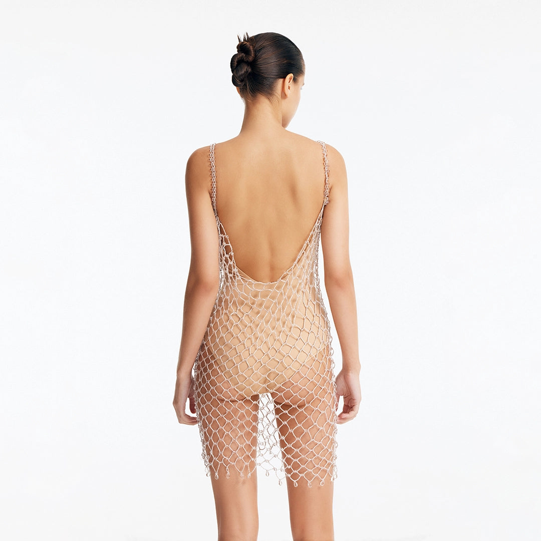 Flora Silver Scoop-Neck Swimsuit with Beaded Macrame Overlay | Moeva | Swimsuit | Each week unveils new pieces—luxury swimwear, fluid resort silhouettes, and elevated summer-to-evening essentials designed to carry you from coastal escapes to city nights.