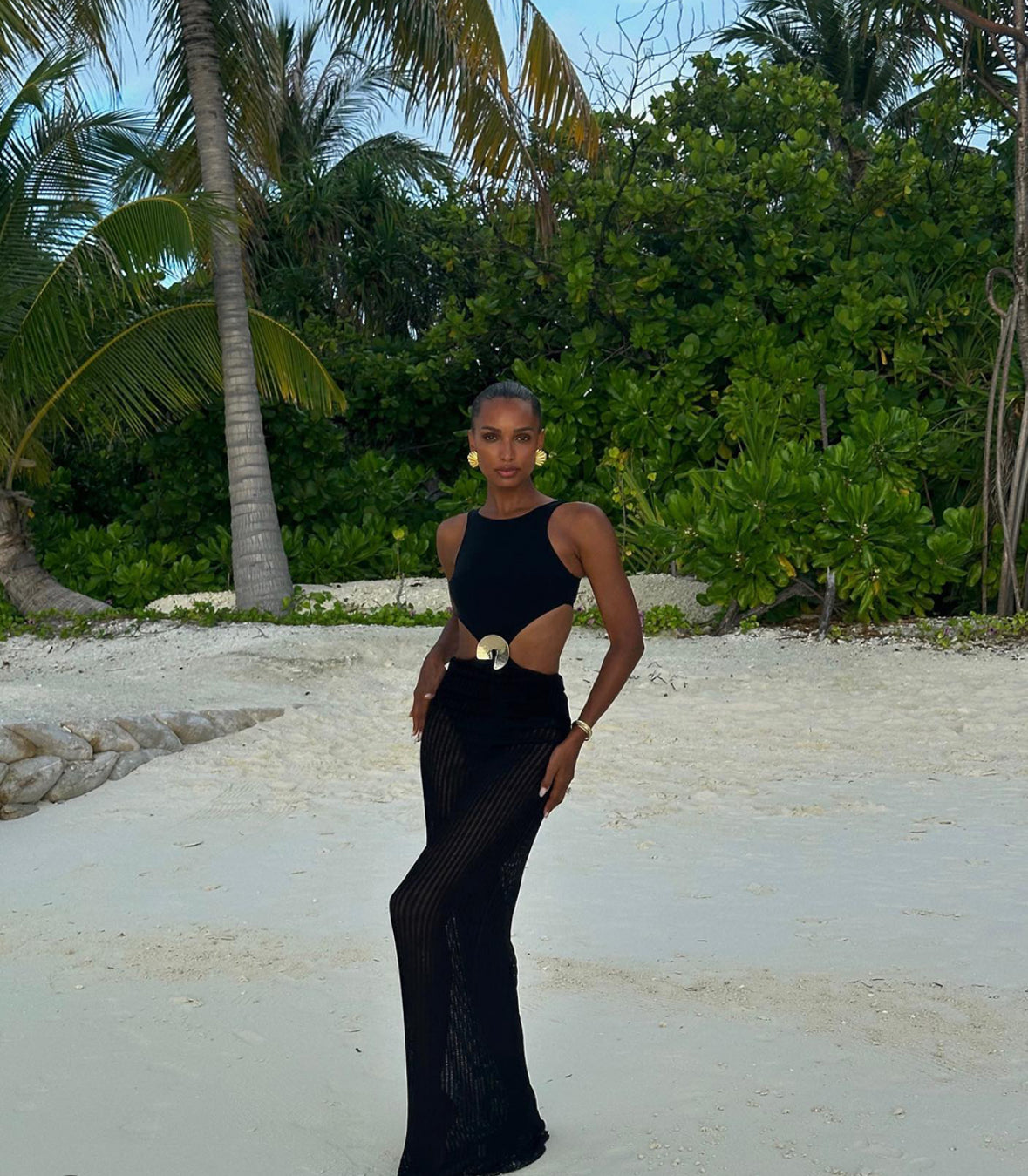 Jasmine Tookes - Honora Black High Neck Swimsuit
