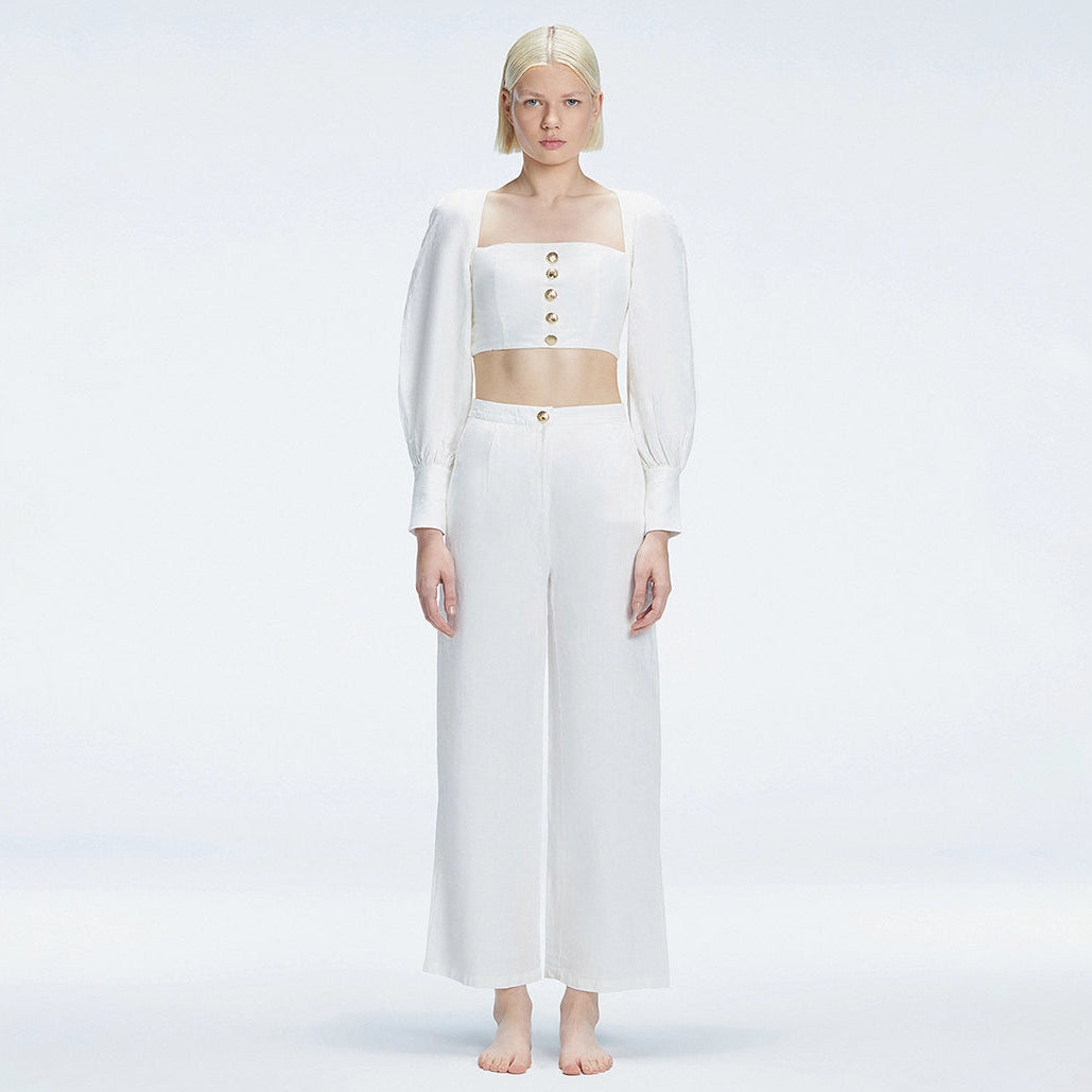 Gemma Square Neck Long Sleeve Top and Valencia High Waist Pants White Set | Moeva | Set | Each week unveils new pieces—luxury swimwear, fluid resort silhouettes, and elevated summer-to-evening essentials designed to carry you from coastal escapes to city nights.