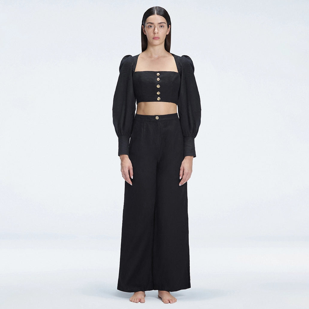 Gemma Square Neck Long Sleeve Top and Valencia High Waist Pants Black Set | Moeva | Set | Each week unveils new pieces—luxury swimwear, fluid resort silhouettes, and elevated summer-to-evening essentials designed to carry you from coastal escapes to city nights.