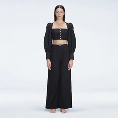 Gemma Black Linen Square Neck - Long Sleeve Crop Top | Moeva | Top | Each week unveils new pieces—luxury swimwear, fluid resort silhouettes, and elevated summer-to-evening essentials designed to carry you from coastal escapes to city nights.