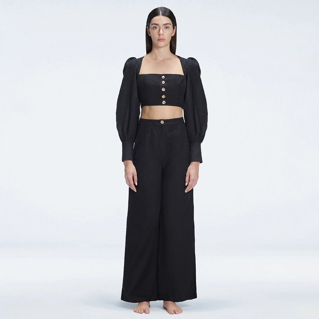 Gemma Black Linen Square Neck - Long Sleeve Crop Top | Moeva | Crop Top | Each week unveils new pieces—luxury swimwear, fluid resort silhouettes, and elevated summer-to-evening essentials designed to carry you from coastal escapes to city nights.