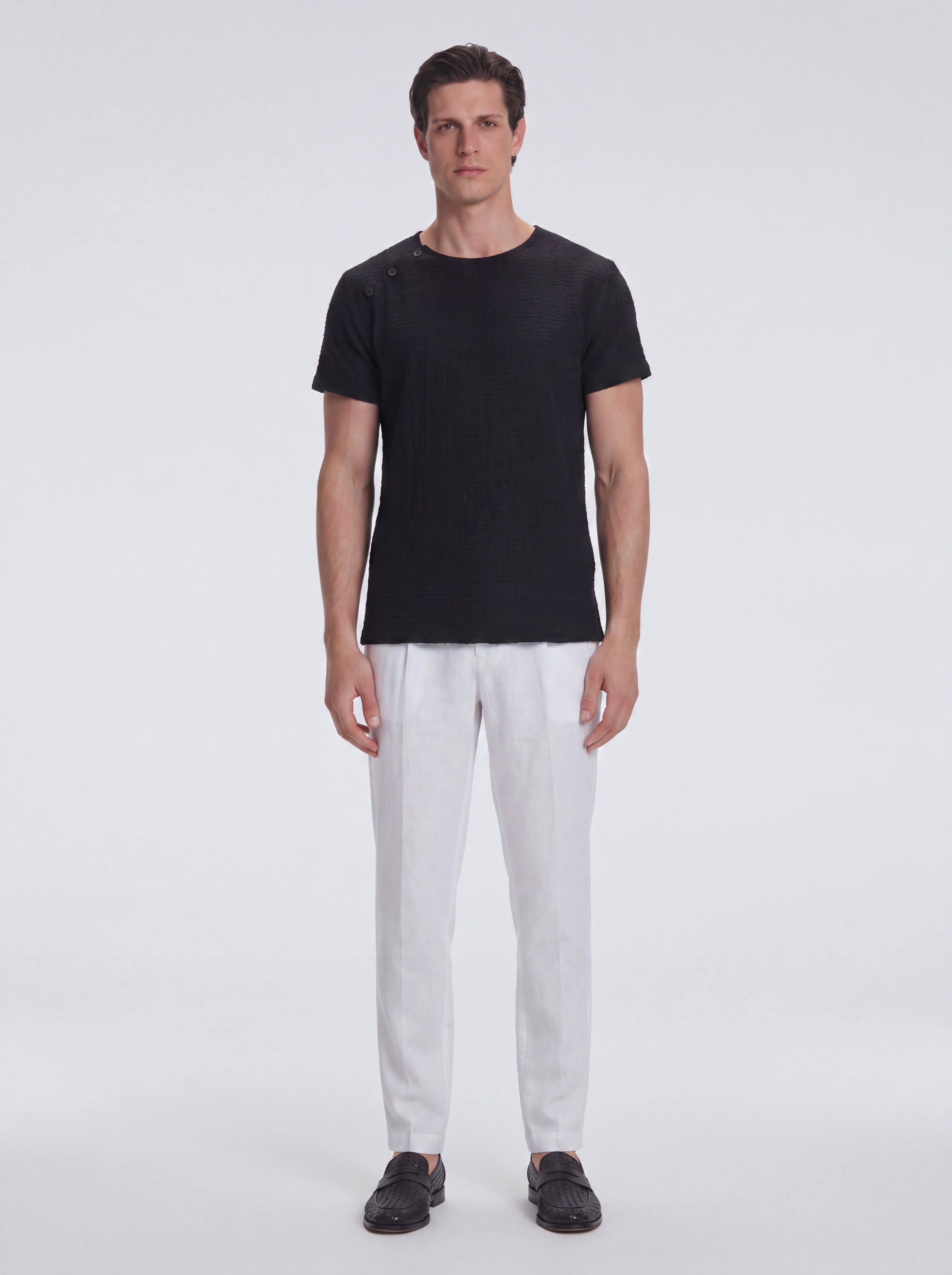George Black Cotton T-Shirt with Button Detail
