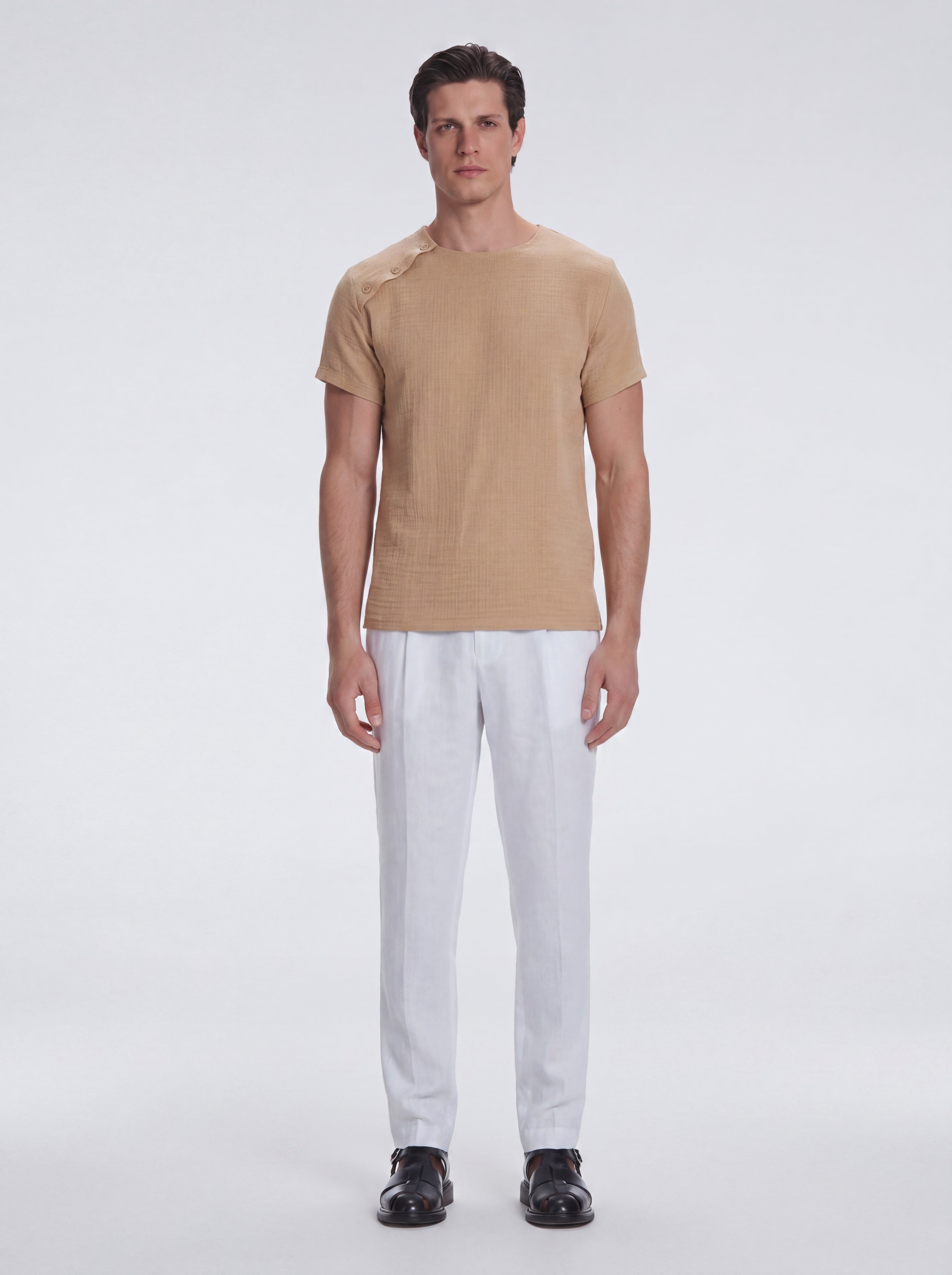 George Nude Cotton T-Shirt with Button Detail | Moeva | T-Shirt | Each week unveils new pieces—luxury swimwear, fluid resort silhouettes, and elevated summer-to-evening essentials designed to carry you from coastal escapes to city nights.