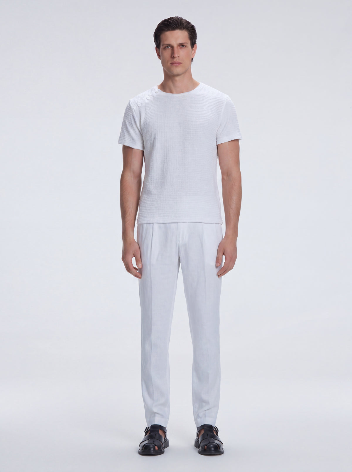 George White Cotton T-Shirt with Button Detail | Moeva | T-Shirt | Each week unveils new pieces—luxury swimwear, fluid resort silhouettes, and elevated summer-to-evening essentials designed to carry you from coastal escapes to city nights.