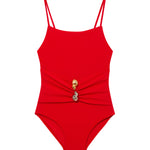 Gigi Red Kids One Piece laid flat, displaying the square neckline, ruched front, and buckle detail.
