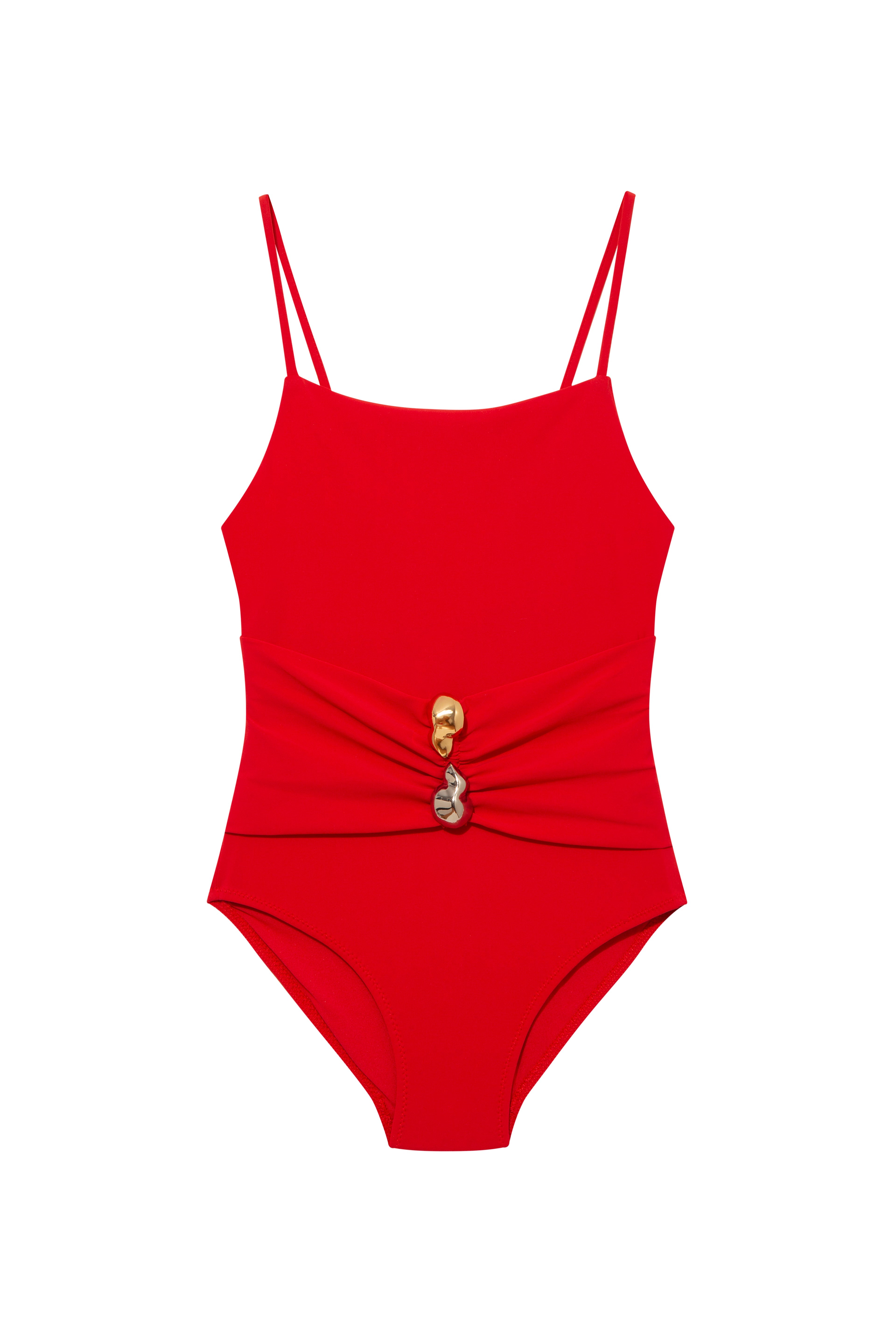 Gigi Red Kids One Piece laid flat, displaying the square neckline, ruched front, and buckle detail.
