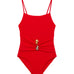 Gigi Red Kids One Piece laid flat, displaying the square neckline, ruched front, and buckle detail.
