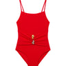 Gigi Red Kids One Piece laid flat, displaying the square neckline, ruched front, and buckle detail.
