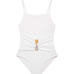 Gigi White Kids One Piece laid flat, showcasing the square neckline, buckle detail, and sleek design.
