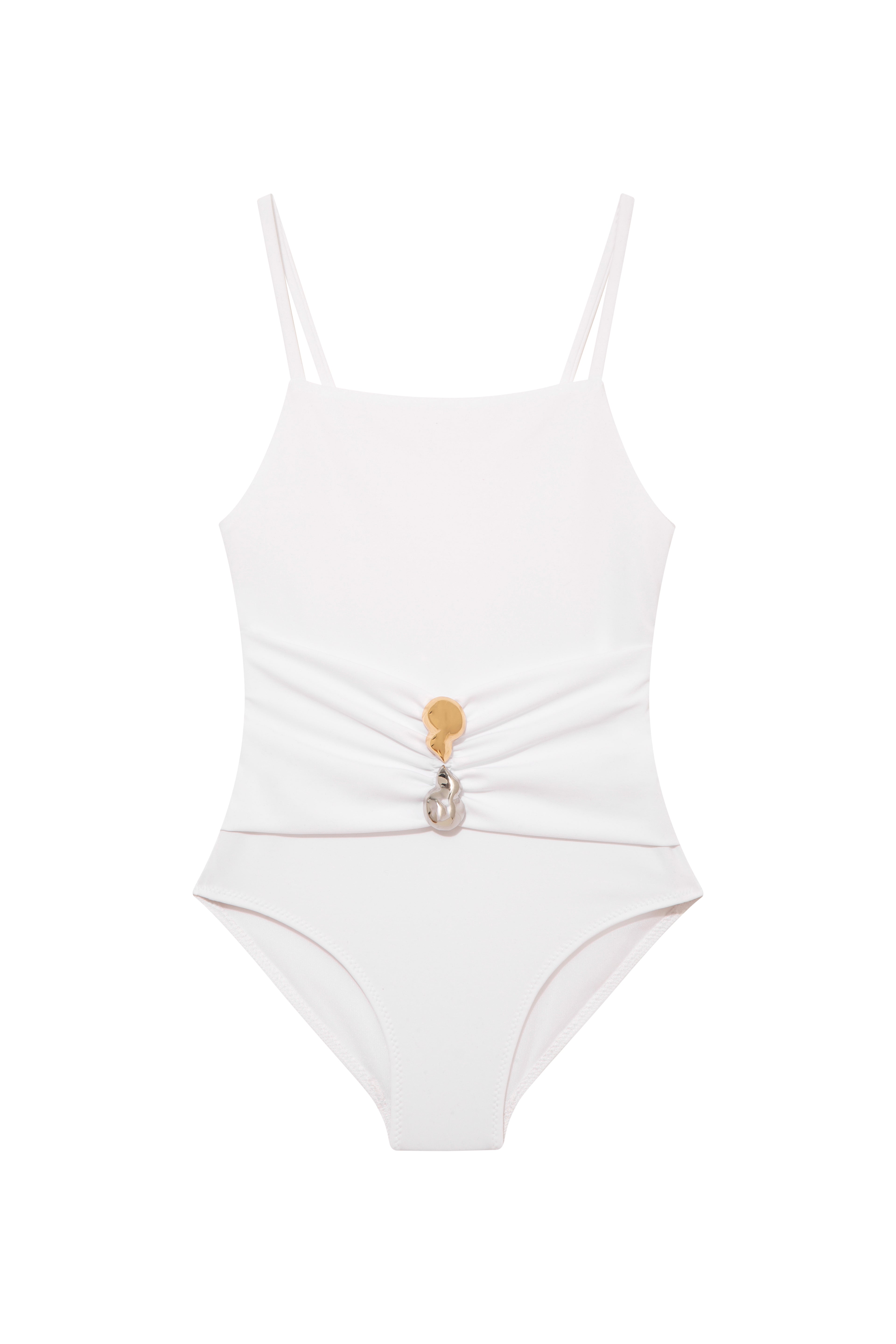 Gigi White Kids One Piece laid flat, showcasing the square neckline, buckle detail, and sleek design.
