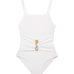 Gigi White Kids One Piece laid flat, showcasing the square neckline, buckle detail, and sleek design.
