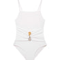 Gigi White Kids One Piece laid flat, showcasing the square neckline, buckle detail, and sleek design.
