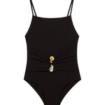 Gigi Black Kids One Piece laid flat, showcasing the square neckline and stylish ruched front.
