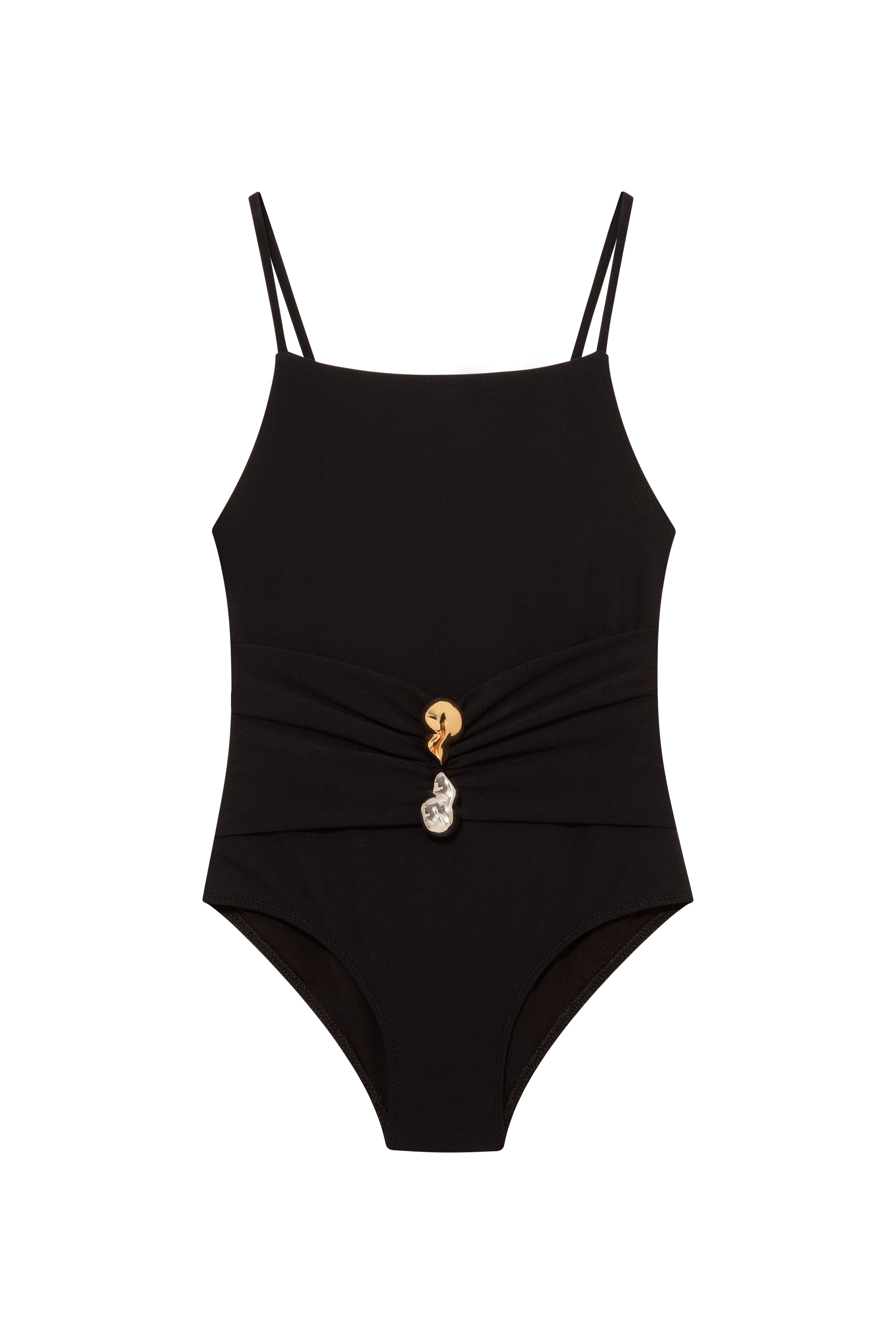 Gigi Black Kids One Piece laid flat, showcasing the square neckline and stylish ruched front.
