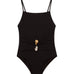 Gigi Black Kids One Piece laid flat, showcasing the square neckline and stylish ruched front.
