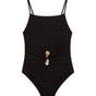 Gigi Black Kids One Piece laid flat, showcasing the square neckline and stylish ruched front.
