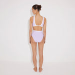 Greca Lilac/White V Neck Bikini Top | Moeva | Bikini Top | Each week unveils new pieces—luxury swimwear, fluid resort silhouettes, and elevated summer-to-evening essentials designed to carry you from coastal escapes to city nights.