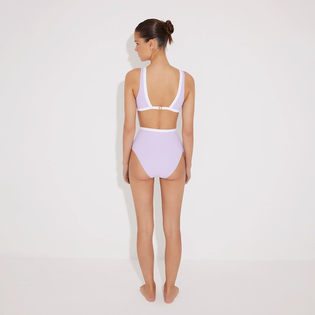 Greca Lilac/White V Neck Bikini Top | Moeva | Bikini Top | Each week unveils new pieces—luxury swimwear, fluid resort silhouettes, and elevated summer-to-evening essentials designed to carry you from coastal escapes to city nights.
