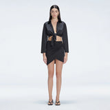 Greta Black Long Sleeve Tie Front Shirt and Antonia Black High-Waist Wrap Mini Skirt