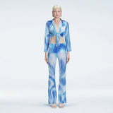 Greta Long Sleeve Tie Front Shirt and Freya High Waist Pants  Blue Optical Set