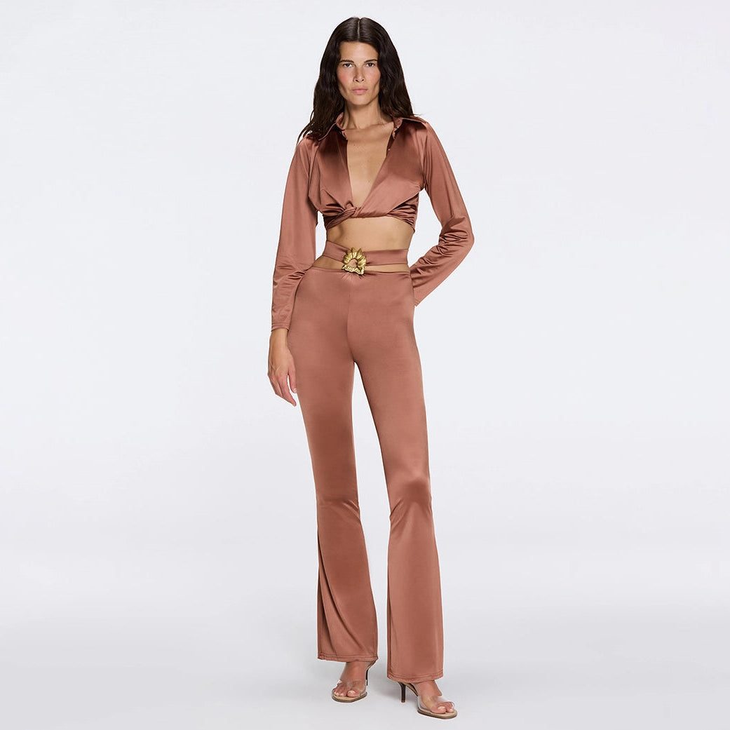 Gwyneth High-Waist with Gold Detail Satin Flare Brown Pants | Moeva | Pants | Each week unveils new pieces—luxury swimwear, fluid resort silhouettes, and elevated summer-to-evening essentials designed to carry you from coastal escapes to city nights.
