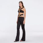 Gwyneth High-Waist with Gold Detail Satin Flare Black Pants | Moeva | Women Beachwear Pants | Each week unveils new pieces—luxury swimwear, fluid resort silhouettes, and elevated summer-to-evening essentials designed to carry you from coastal escapes to city nights.