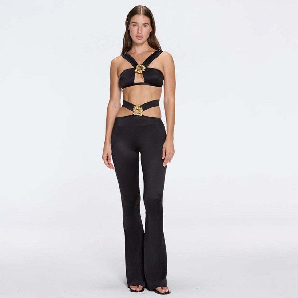 Gwyneth High-Waist with Gold Detail Satin Flare Black Pants | Moeva | Pants | Each week unveils new pieces—luxury swimwear, fluid resort silhouettes, and elevated summer-to-evening essentials designed to carry you from coastal escapes to city nights.