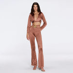 Gwyneth High-Waist with Gold Detail Satin Flare Brown Pants | Moeva | Women Beachwear Pants | Each week unveils new pieces—luxury swimwear, fluid resort silhouettes, and elevated summer-to-evening essentials designed to carry you from coastal escapes to city nights.