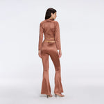 Gwyneth High-Waist with Gold Detail Satin Flare Brown Pants | Moeva | Women Beachwear Pants | Each week unveils new pieces—luxury swimwear, fluid resort silhouettes, and elevated summer-to-evening essentials designed to carry you from coastal escapes to city nights.