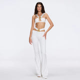 Gwyneth High-Waist with Gold Detail Satin Flare White Pants | Moeva | Women Beachwear Pants | Each week unveils new pieces—luxury swimwear, fluid resort silhouettes, and elevated summer-to-evening essentials designed to carry you from coastal escapes to city nights.