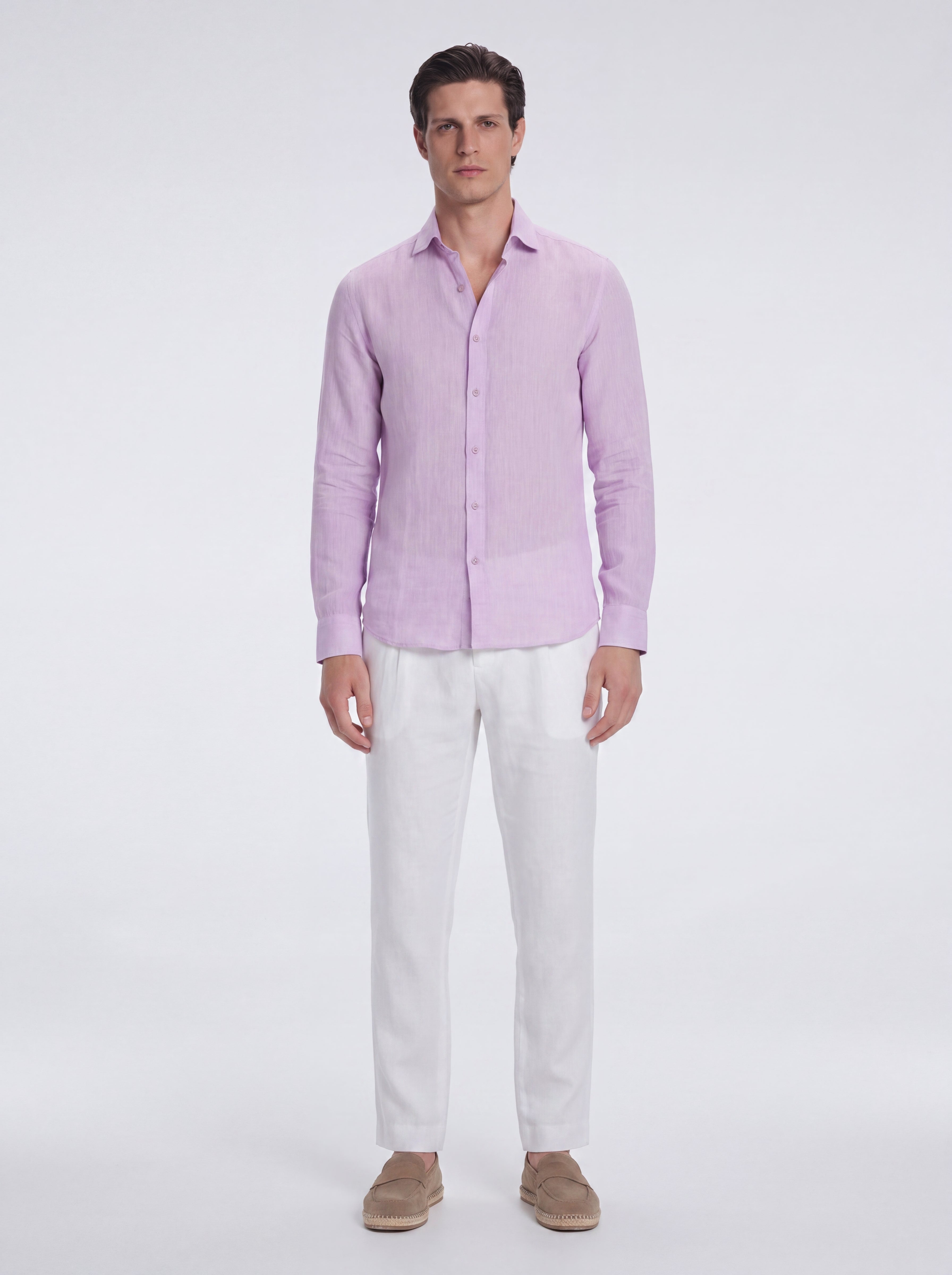 Harry Lilac Linen Shirt with Spread Collar | Moeva | Shirt | Each week unveils new pieces—luxury swimwear, fluid resort silhouettes, and elevated summer-to-evening essentials designed to carry you from coastal escapes to city nights.