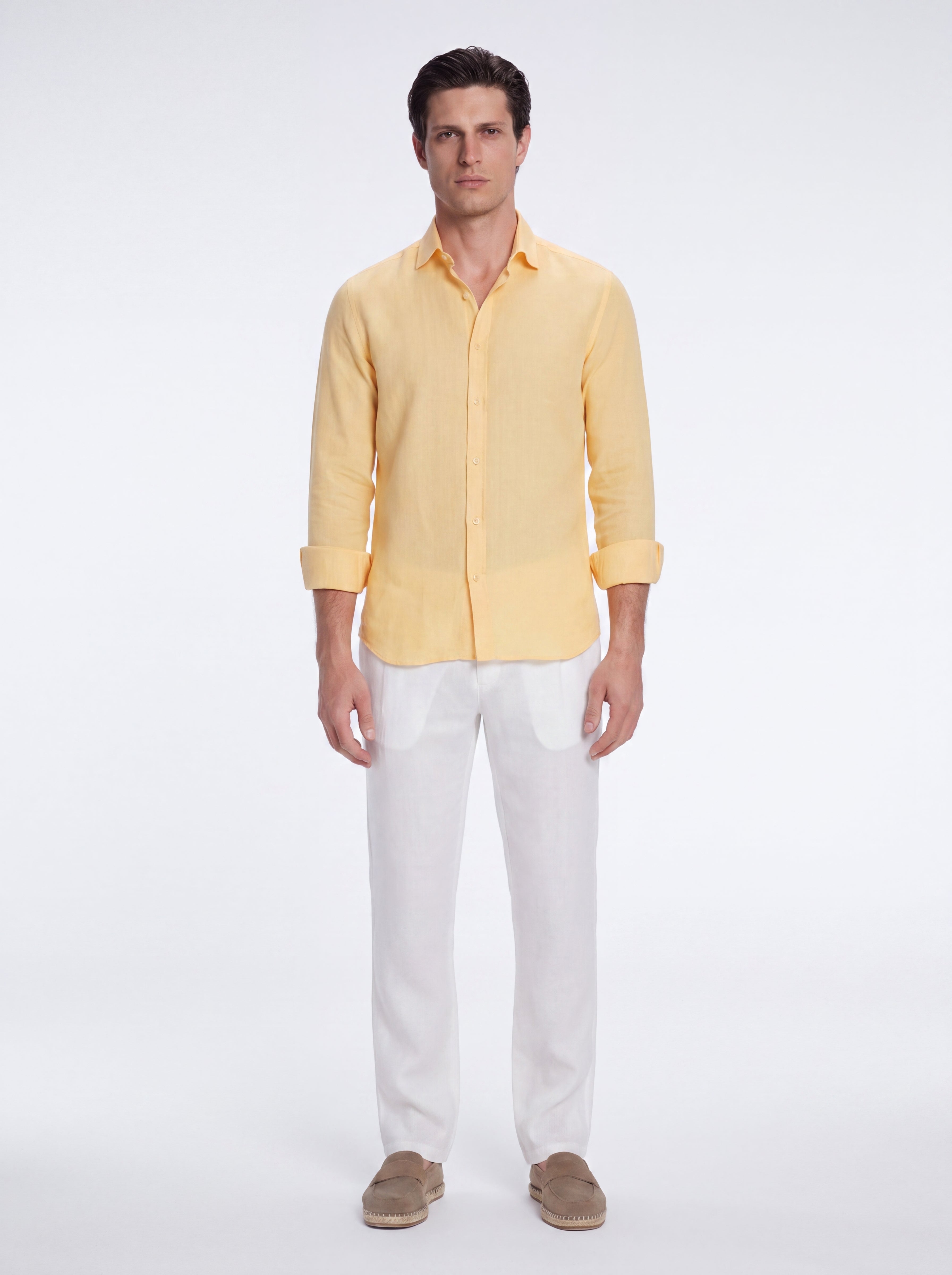 Harry Yellow Linen Shirt with Spread Collar | Moeva | Shirt | Each week unveils new pieces—luxury swimwear, fluid resort silhouettes, and elevated summer-to-evening essentials designed to carry you from coastal escapes to city nights.