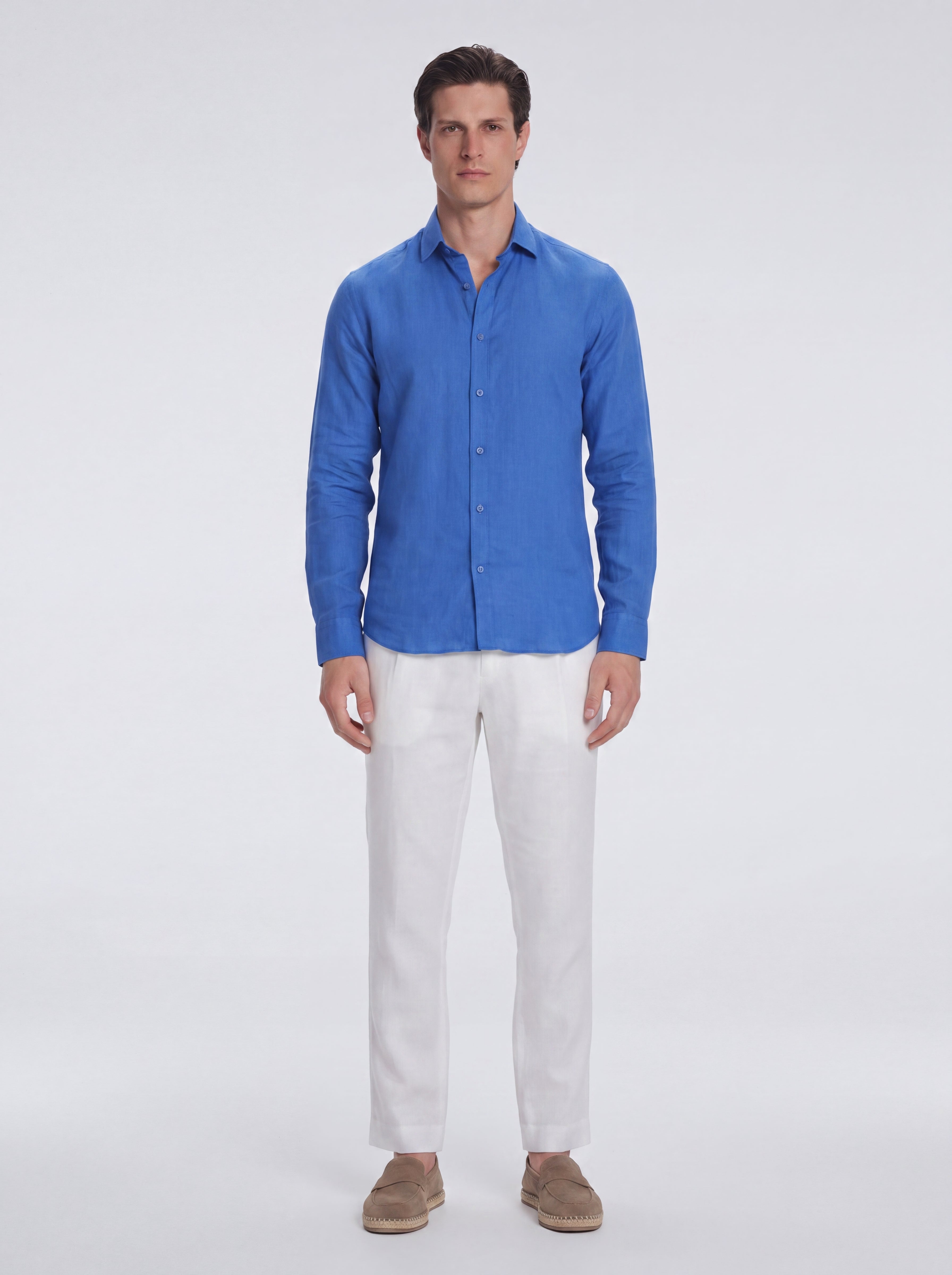 Harry Sax Blue Linen Shirt with Spread Collar | Moeva | Shirt | Each week unveils new pieces—luxury swimwear, fluid resort silhouettes, and elevated summer-to-evening essentials designed to carry you from coastal escapes to city nights.