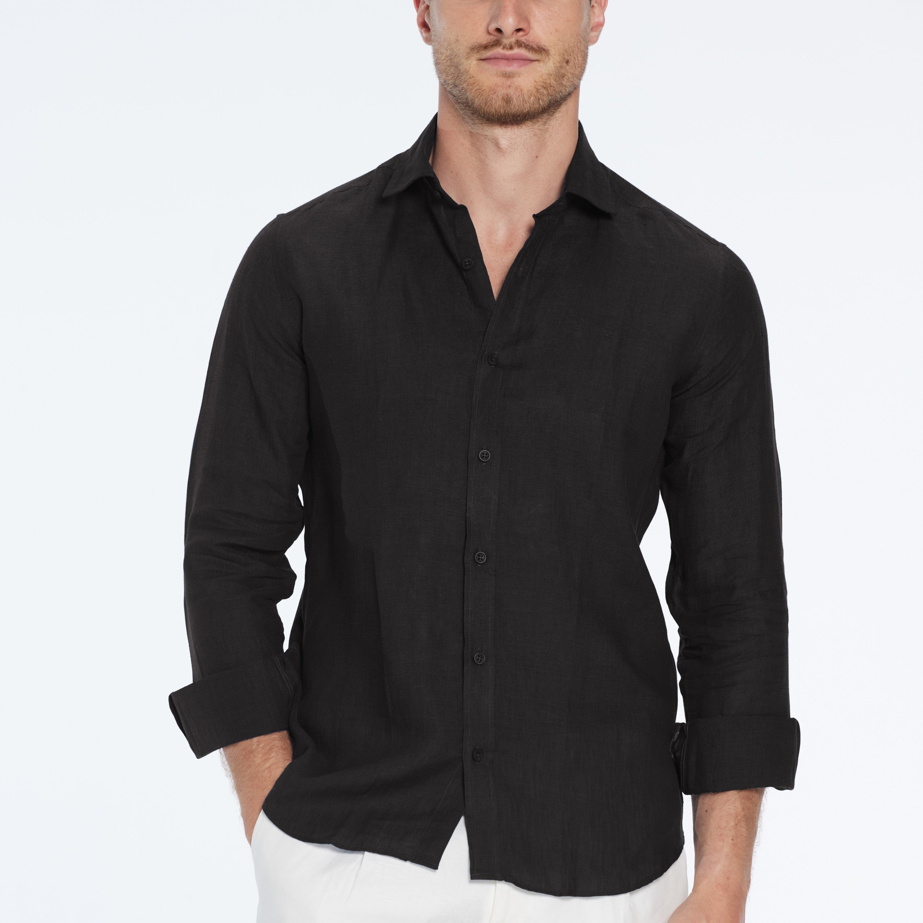 Harry Black Linen Shirt with Spread Collar | Moeva | Shirt | Each week unveils new pieces—luxury swimwear, fluid resort silhouettes, and elevated summer-to-evening essentials designed to carry you from coastal escapes to city nights.
