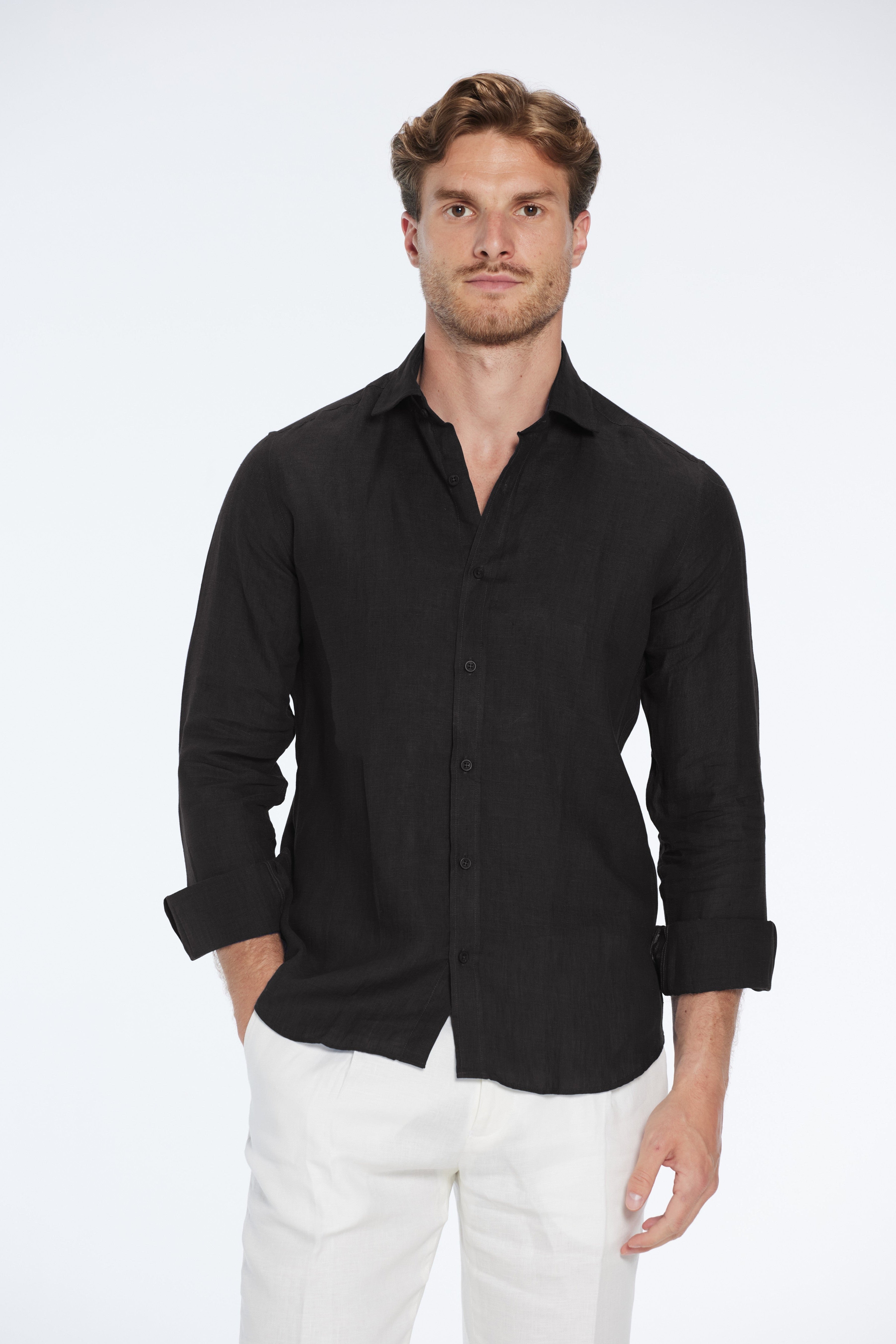 Harry Black Linen Shirt with Spread Collar | Moeva | Men Classic Collar Shirts | Each week unveils new pieces—luxury swimwear, fluid resort silhouettes, and elevated summer-to-evening essentials designed to carry you from coastal escapes to city nights.