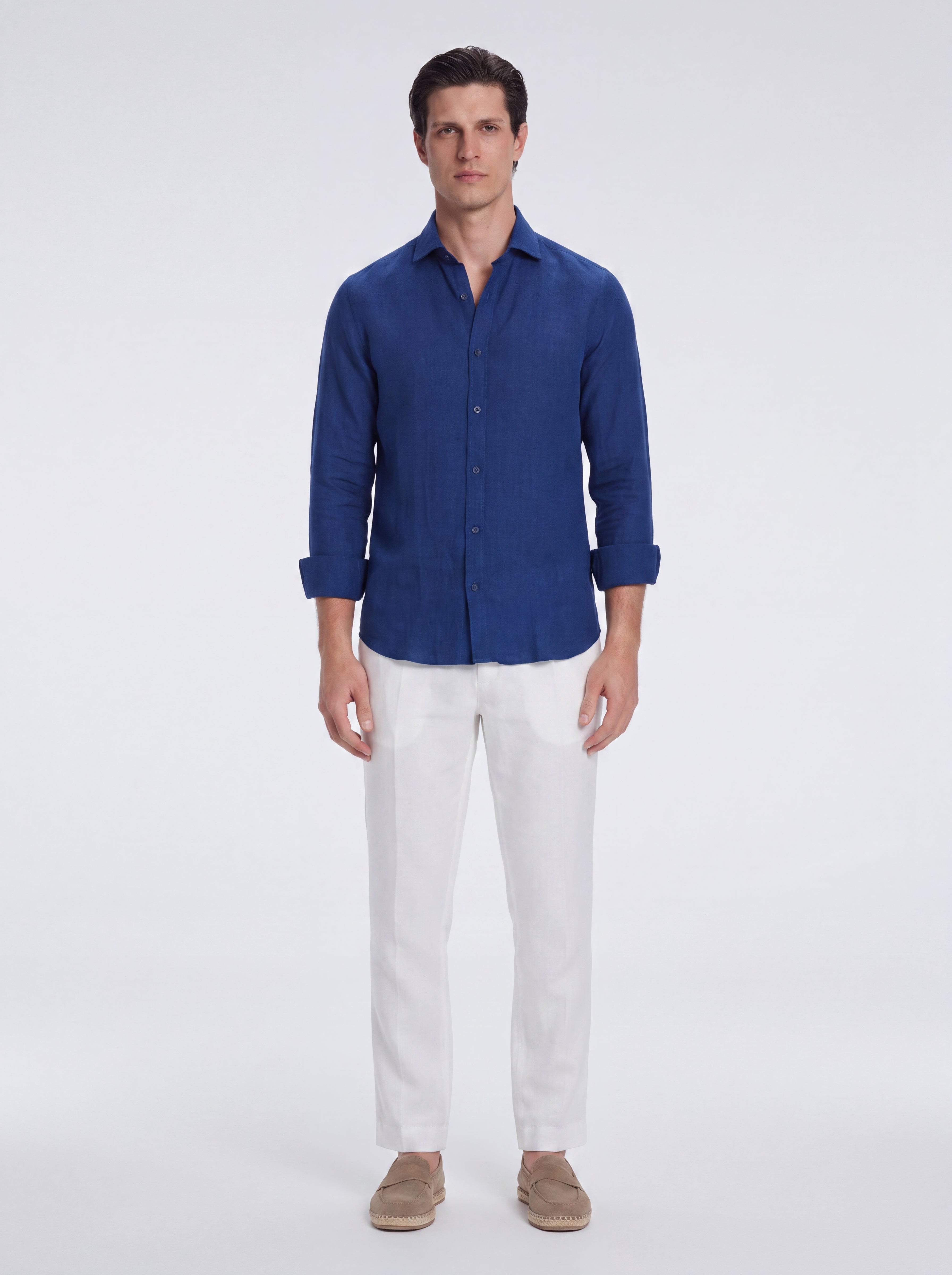 Harry Dark Blue Linen Shirt with Spread Collar