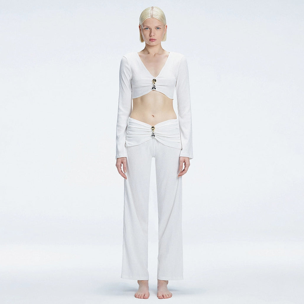 Sirenia White Long Sleeve Accessory-Detail Crop Top | Moeva | Crop Top | Each week unveils new pieces—luxury swimwear, fluid resort silhouettes, and elevated summer-to-evening essentials designed to carry you from coastal escapes to city nights.