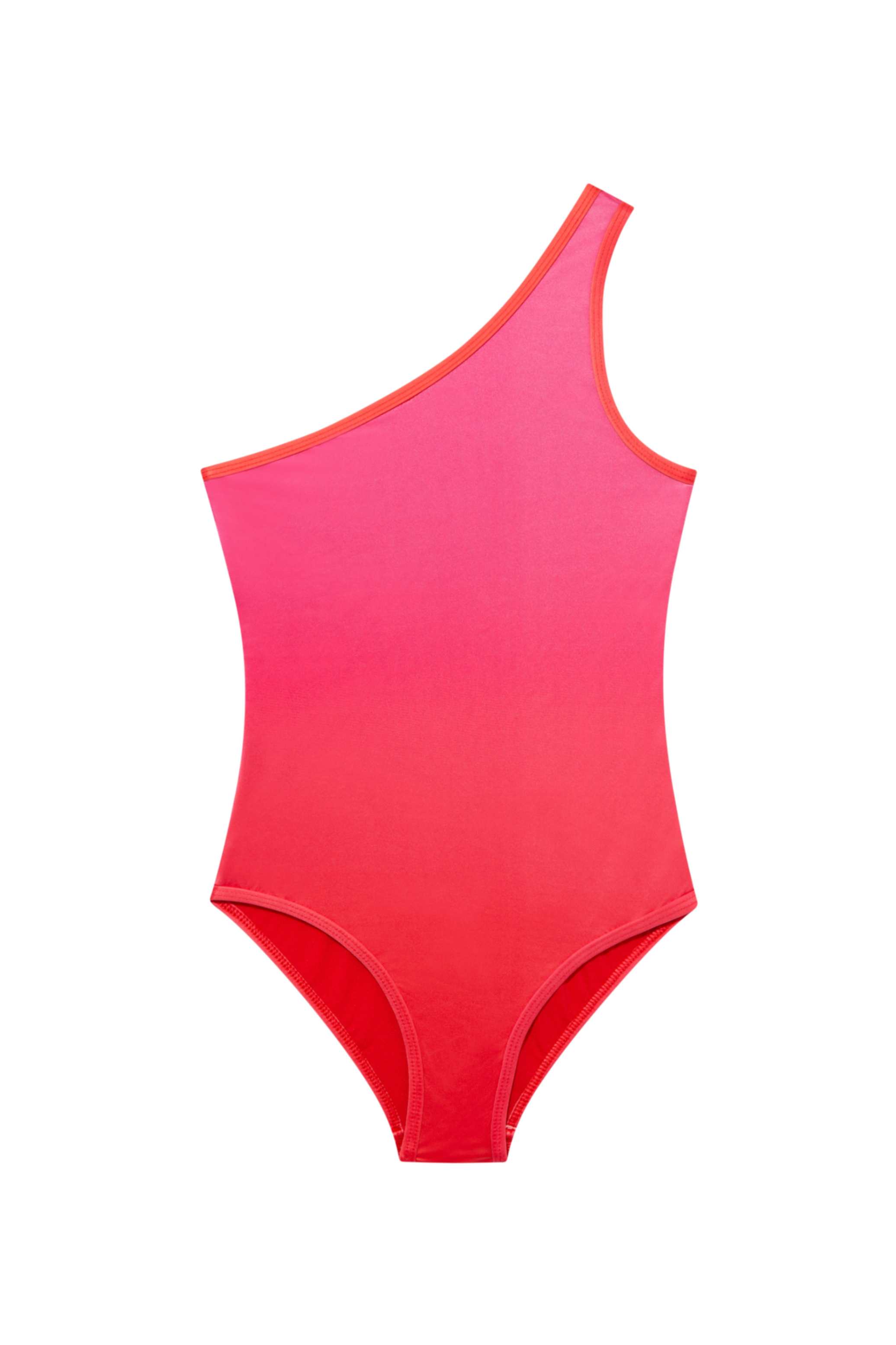 Honey Pink/Red Kids One Piece laid flat, displaying the one-shoulder design and vibrant printed fabric.
