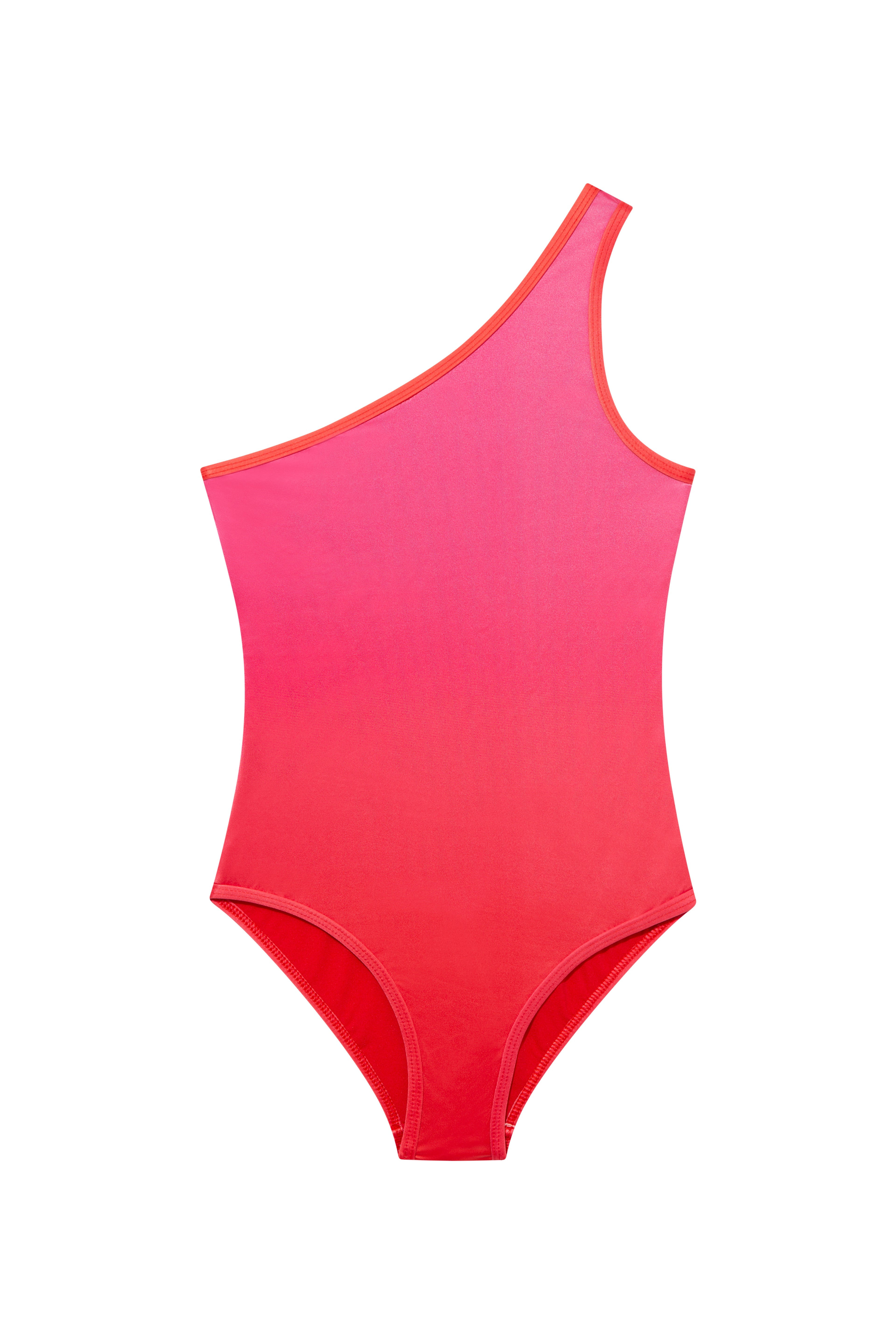 Honey Pink/Red Kids One Piece laid flat, displaying the one-shoulder design and vibrant printed fabric.
