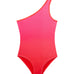 Honey Pink/Red Kids One Piece laid flat, displaying the one-shoulder design and vibrant printed fabric.
