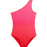 Honey Pink/Red Kids One Piece laid flat, displaying the one-shoulder design and vibrant printed fabric.
