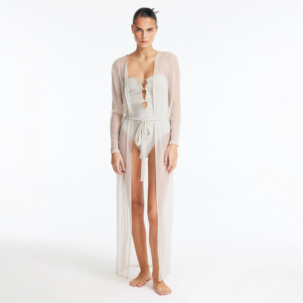Marlowe Silver Mesh Belted Long Kaftan | Moeva | Kaftan | Each week unveils new pieces—luxury swimwear, fluid resort silhouettes, and elevated summer-to-evening essentials designed to carry you from coastal escapes to city nights.