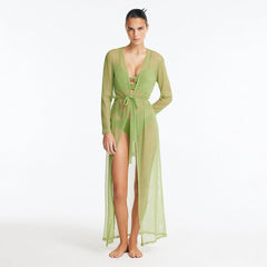Marlowe Green Mesh Belted Long Kaftan | Moeva | Kaftan | Each week unveils new pieces—luxury swimwear, fluid resort silhouettes, and elevated summer-to-evening essentials designed to carry you from coastal escapes to city nights.