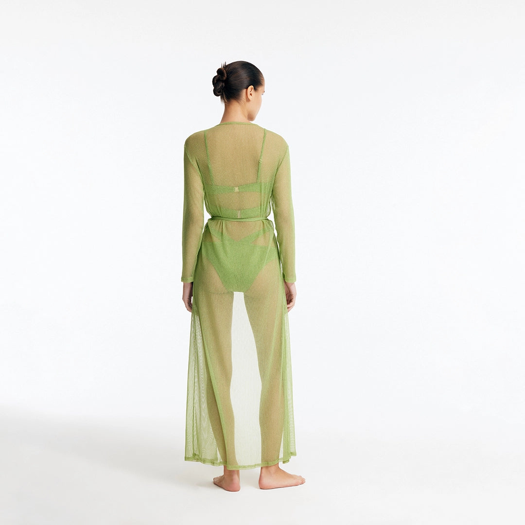 Marlowe Green Mesh Belted Long Kaftan | Moeva | Kaftan | Each week unveils new pieces—luxury swimwear, fluid resort silhouettes, and elevated summer-to-evening essentials designed to carry you from coastal escapes to city nights.