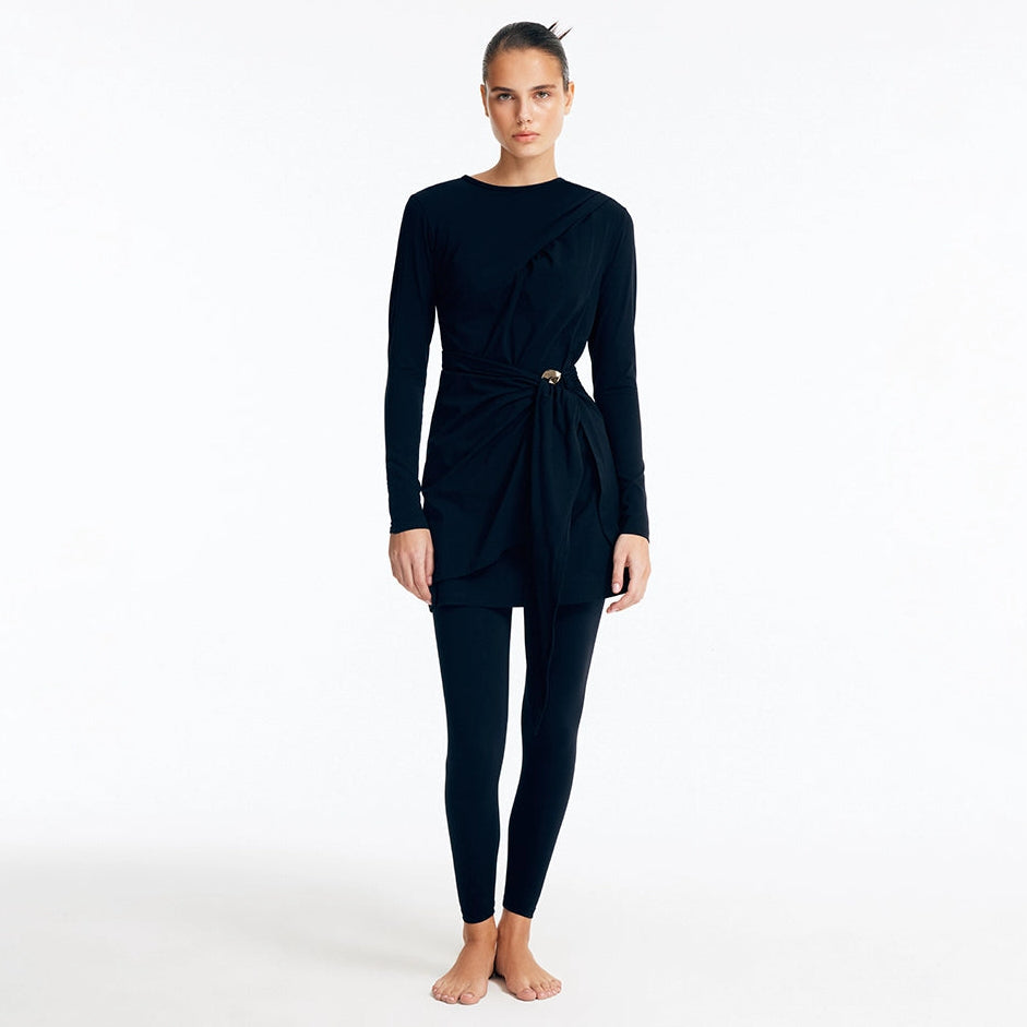 Aaliyah Black Long Sleeve Accessorised Modest Swim Set | Moeva | Swimsuit | Each week unveils new pieces—luxury swimwear, fluid resort silhouettes, and elevated summer-to-evening essentials designed to carry you from coastal escapes to city nights.
