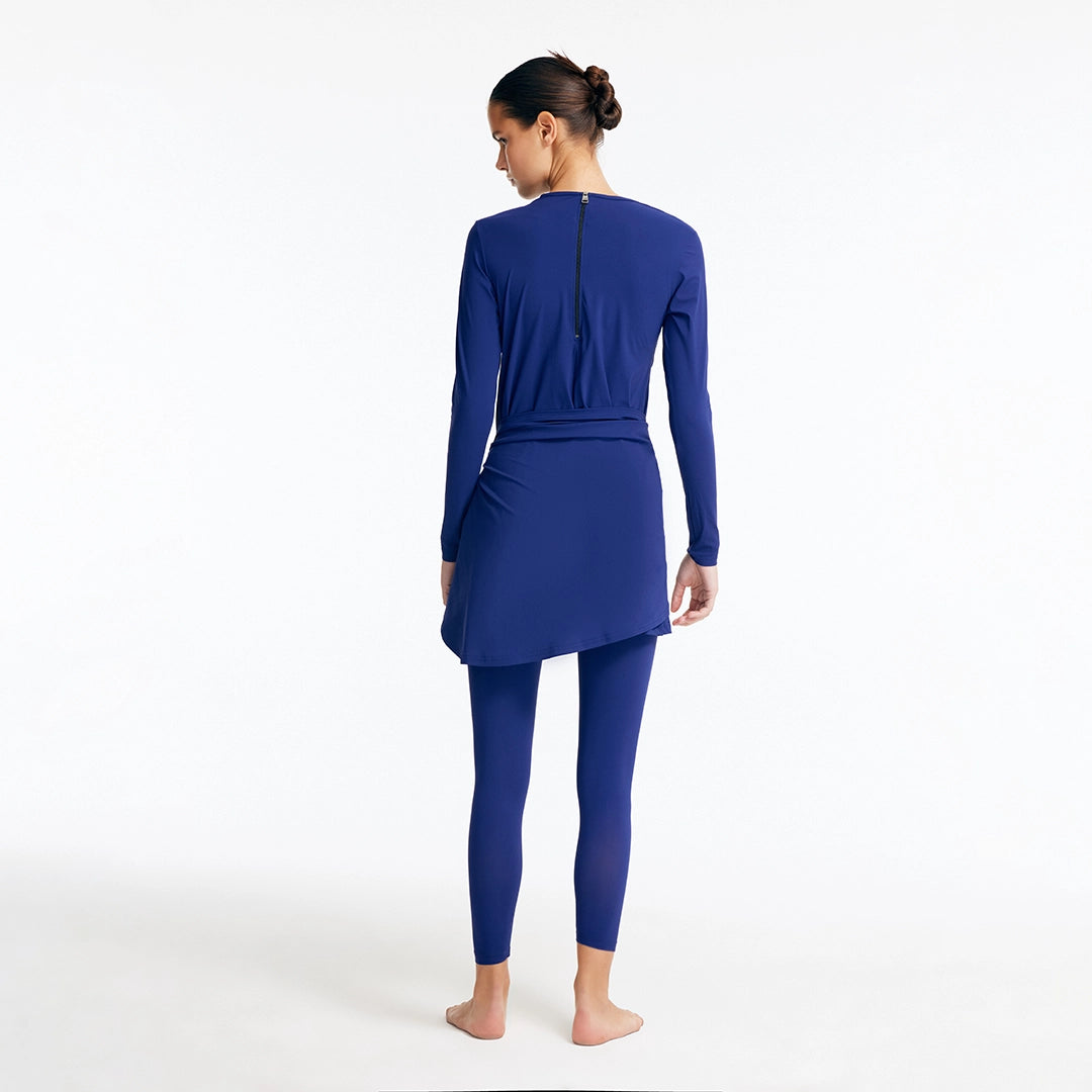 Aaliyah Navy Blue Long Sleeve Accessorised Modest Swim Set | Moeva | Swimsuit | Each week unveils new pieces—luxury swimwear, fluid resort silhouettes, and elevated summer-to-evening essentials designed to carry you from coastal escapes to city nights.
