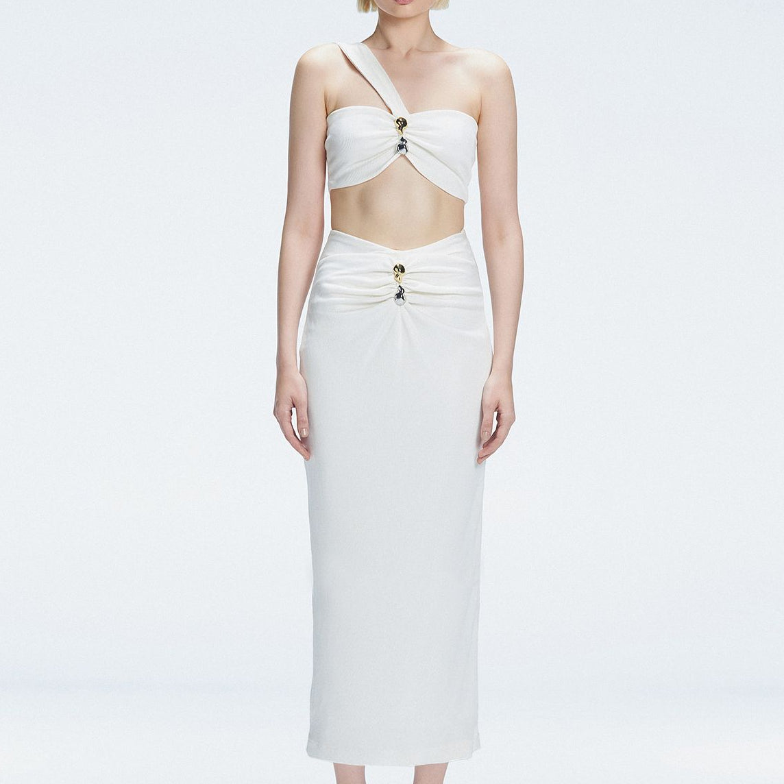 Esmeralda White Maxi Skirt with Front Ruched Detail | Moeva | Skirt | Each week unveils new pieces—luxury swimwear, fluid resort silhouettes, and elevated summer-to-evening essentials designed to carry you from coastal escapes to city nights.
